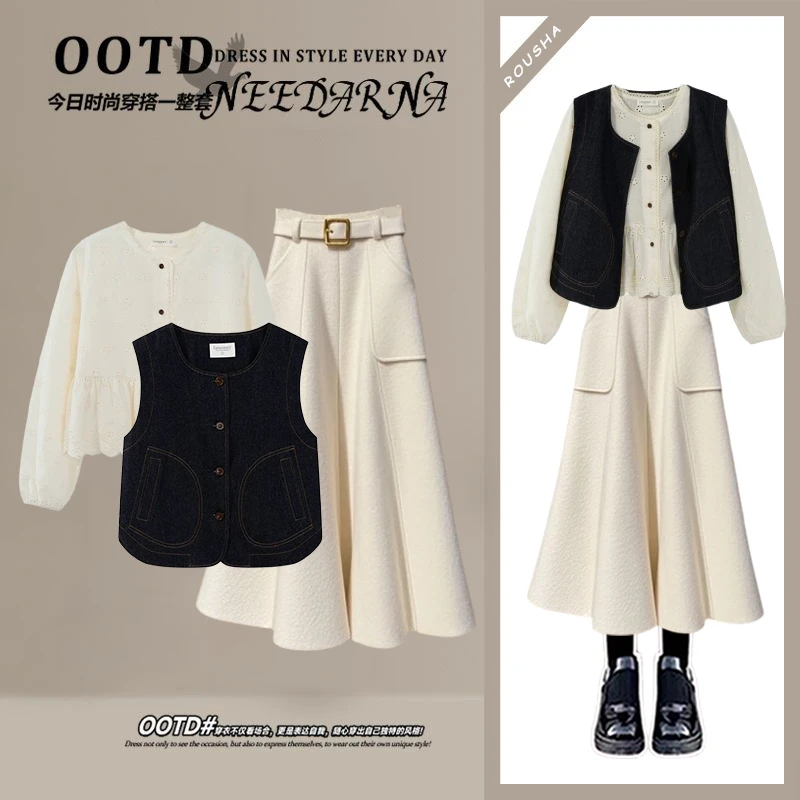 早春一整套女装2025新款韩系复古叠穿牛仔马甲衬衫半身裙三件套装