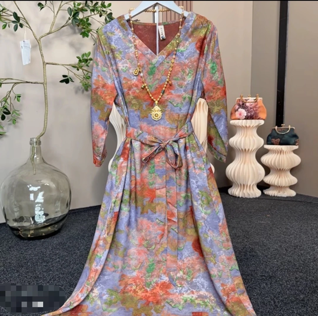 【香云纱高定款】七彩祥云修身时尚休闲夏季高端大码妈妈装连衣裙