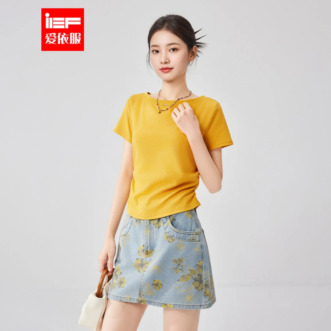 IEF/爱依服2025新款夏季针织短袖高腰牛仔辣妹上下套裙流光风