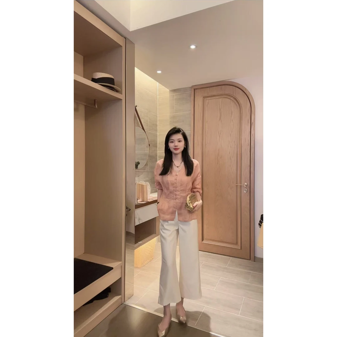 【雾粉西柚】时尚优雅气质狂送透气提花苎麻衬衫