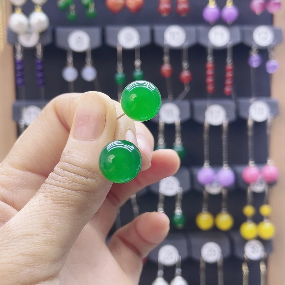 玛瑙/玉髓银S925镶嵌耳钉绿玛瑙