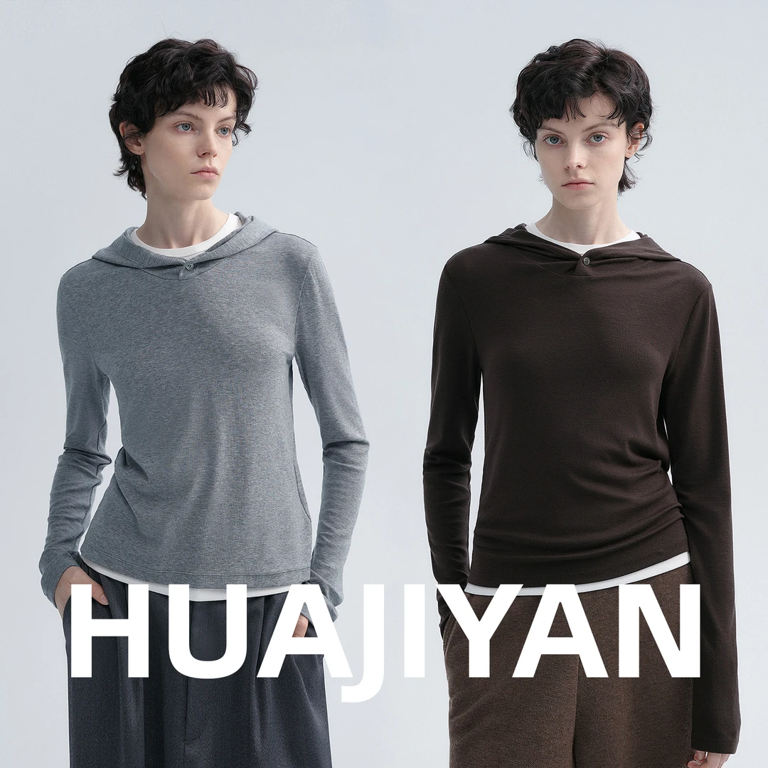 华吉言/HUAJIYAN【一粒扣】羊毛天丝混纺一粒扣连帽长袖上衣