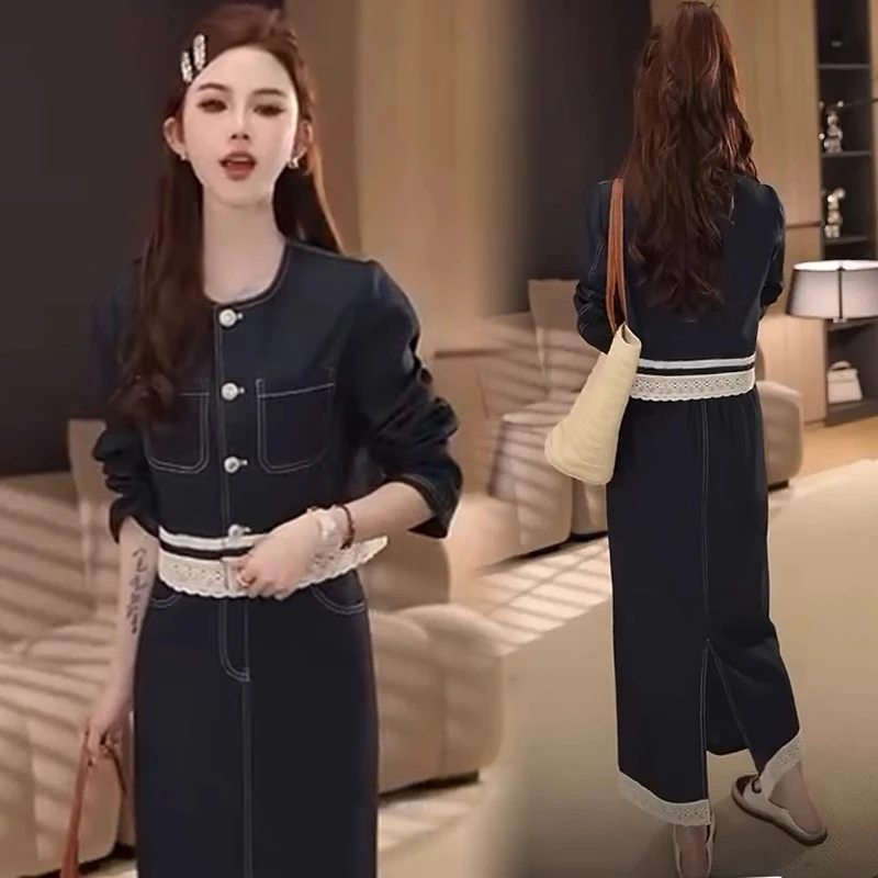 时尚套装女2025春季新款洋气显瘦减龄蕾丝拼接上衣阔腿裤两件套潮