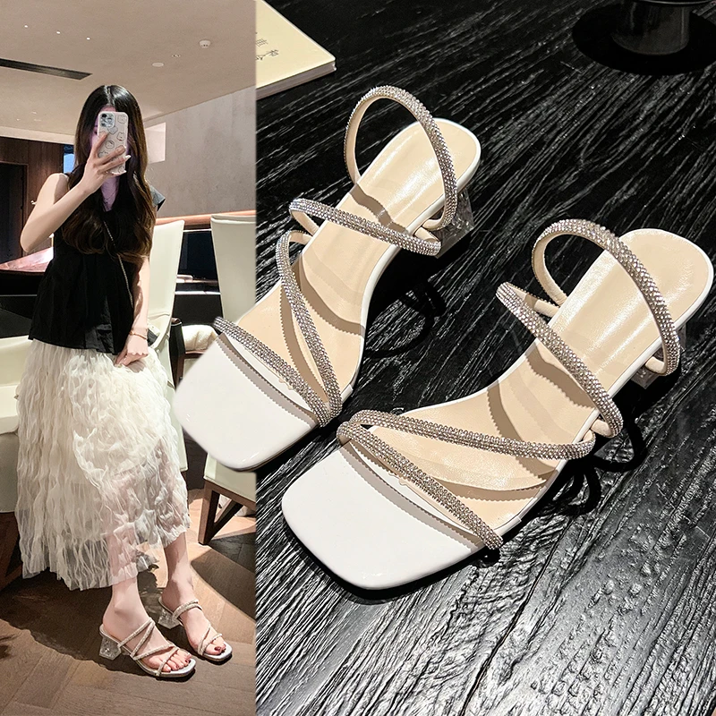 两穿法式水钻女时装凉鞋夏季方头凉鞋粗跟外穿凉拖鞋气质百搭