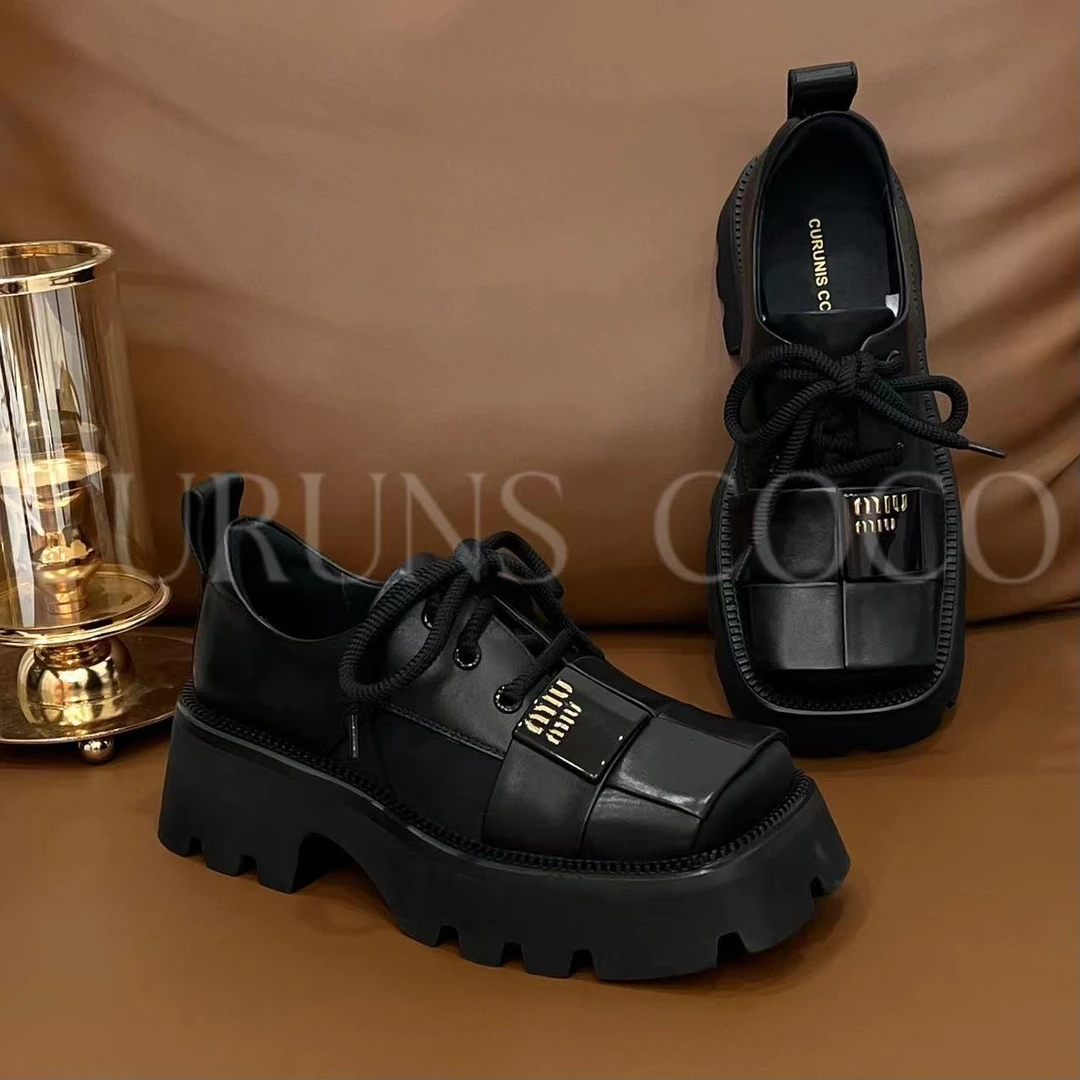 【沐风】编织真皮方头乐福鞋英伦风高跟厚底松糕底23L097