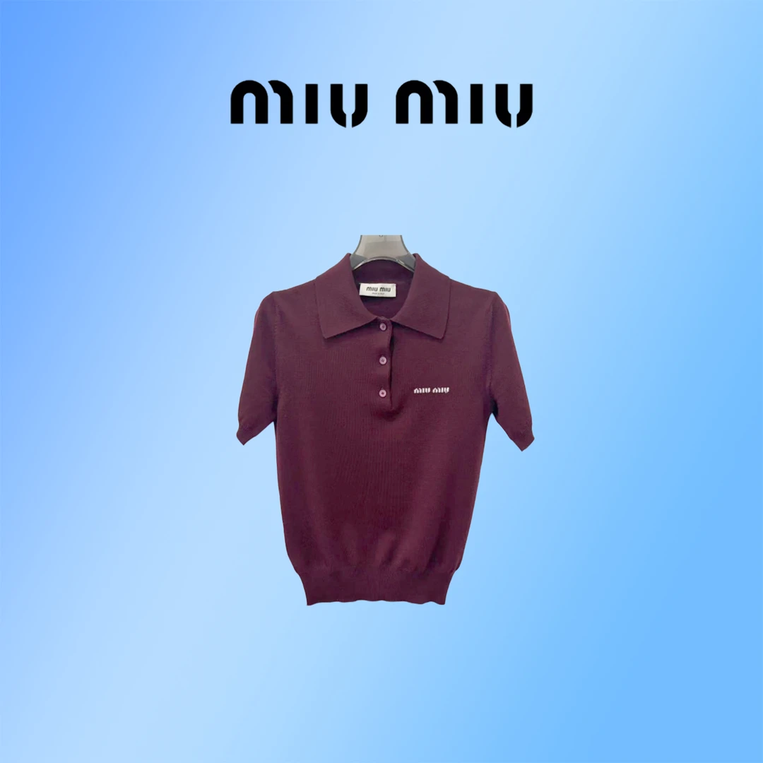 99新 MIU MIU/缪缪 枣红色针织短袖