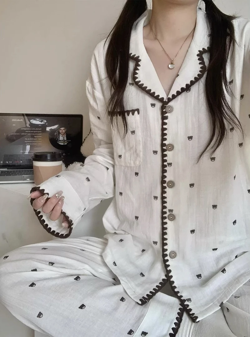 少女甜美可爱卡通小熊印花睡衣女春秋新款韩版ins风家居服可外穿