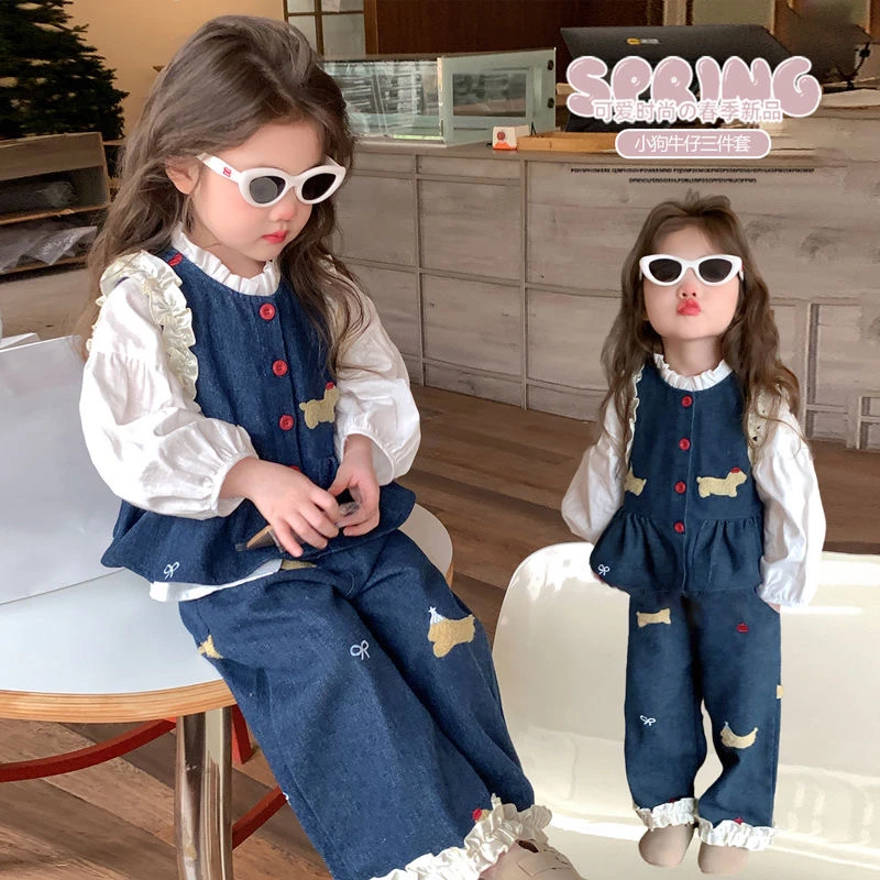 女童韩版套装2025春秋新款女宝宝洋气休闲甜美花边牛仔马甲三件套