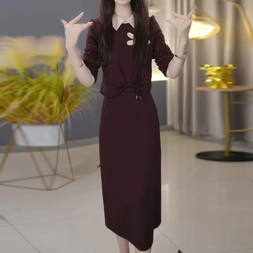 木棉软精纺2025秋季新款优雅减龄遮肉显瘦长袖上衣半身裙时尚套装