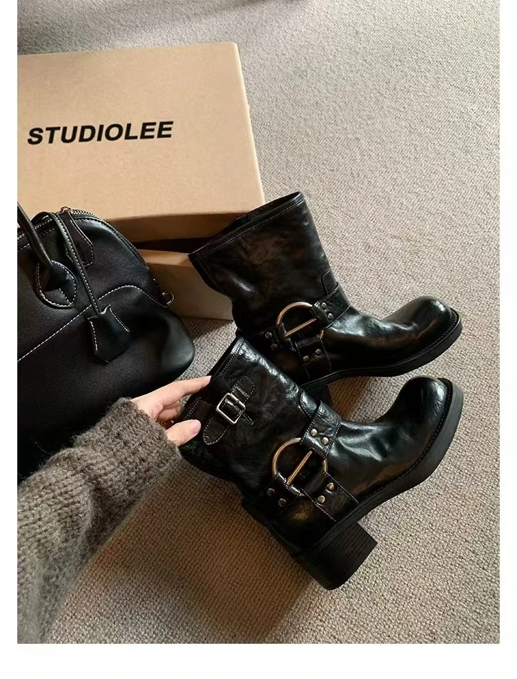 Crape myrtle短靴女2025新款秋冬季厚底粗跟复古英伦风马丁靴百搭