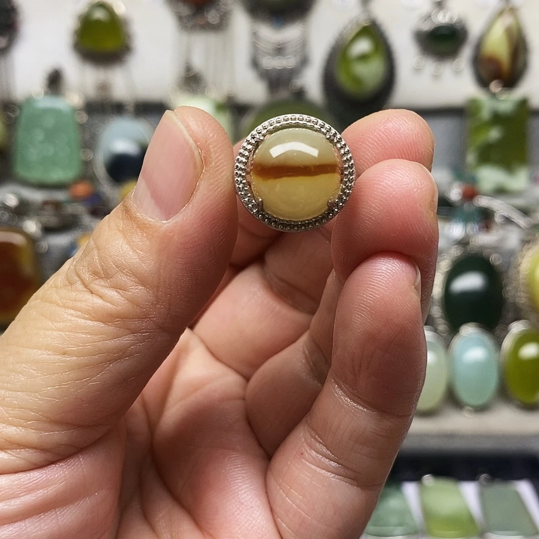 蛇纹石玉银S925镶嵌戒指