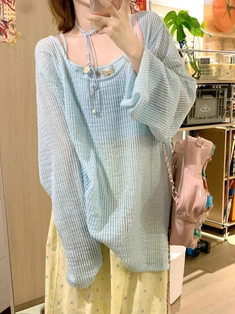 特大码甜美镂空针织衫罩衫吊带两件套女胖mm宽松慵懒风上衣