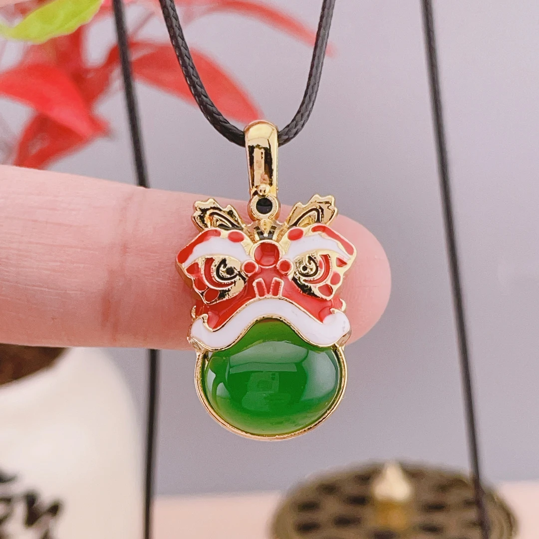 正品玉髓/玛瑙吊坠珐琅彩醒狮子古风项坠经典时尚百搭女项链F644
