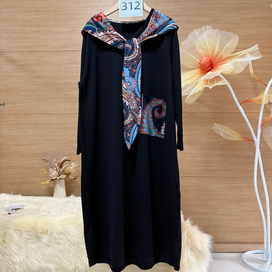 嘉一定制丝巾款小披肩长袖连衣裙343