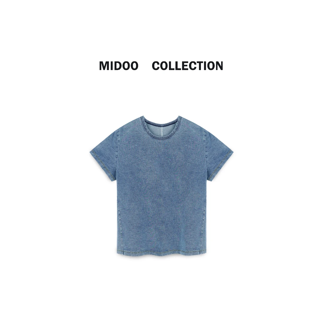 MIDOO 蓝染水洗2024 小众设计正肩短袖T恤