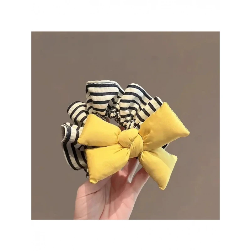 明黄色充棉蝴蝶结发圈条纹褶皱发绳韩系时尚百搭发饰2025新款头绳