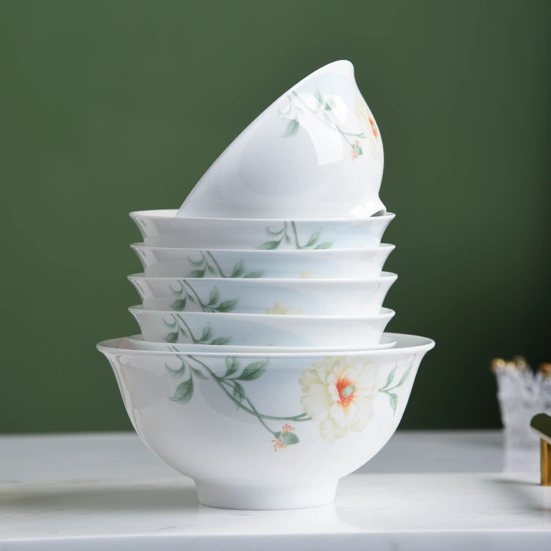 景德镇高温白瓷米饭碗家用单个田园风粥碗汤碗面碗中式釉下彩餐具