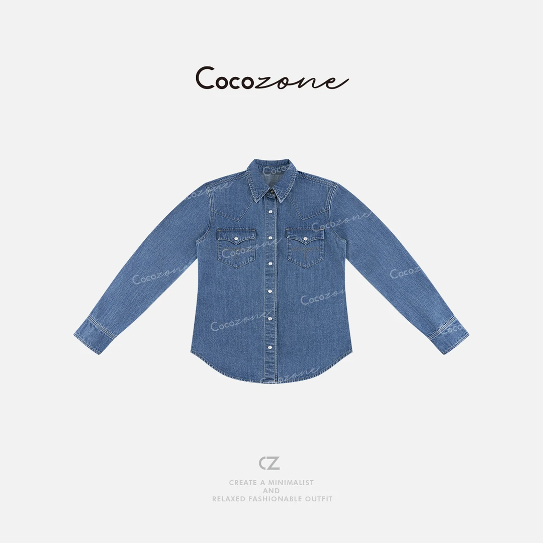 COCO ZONE 刘一一“微风情书”早春气质蓝色翻领牛仔衬衫ACD2A0005