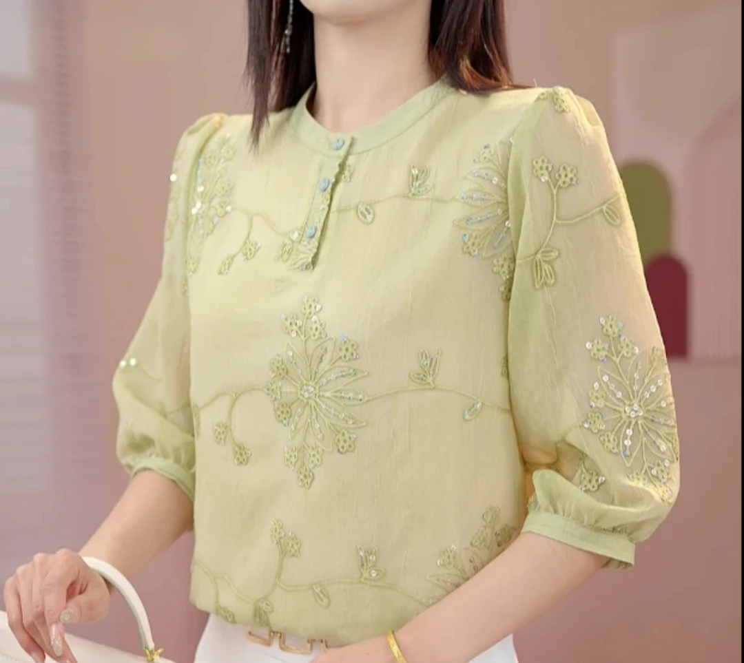 708-[高品质]气质优雅时尚碎花衬衫七分袖