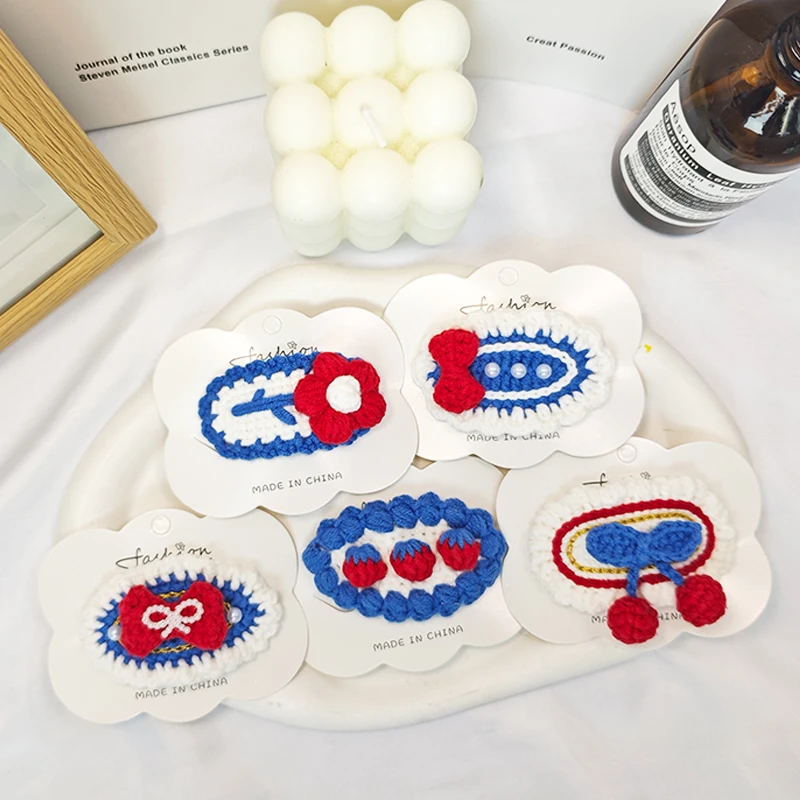 复古蓝色系发夹 手工钩织手工DIY百搭时尚创意玩偶钩织