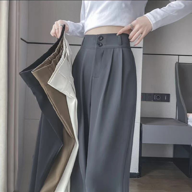 夏季薄款灰色西装裤女宽松高级感垂感高腰休闲直筒窄版拖地阔腿裤