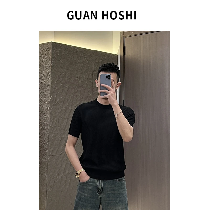 【冠什么希男装】夏季天丝坑条肌理感针织短袖T恤男弹力上衣6003