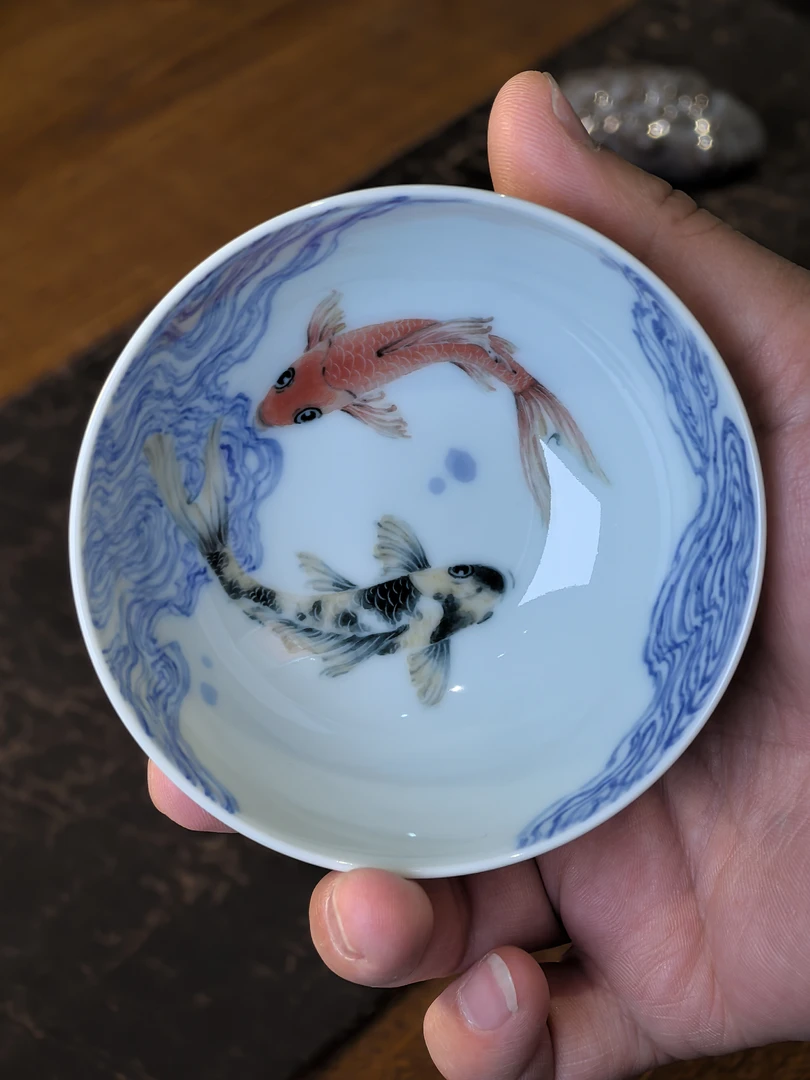 朱清北冥有鱼普洱杯茶杯泡茶单杯手绘浮漂白瓷品茗杯茶具陶瓷