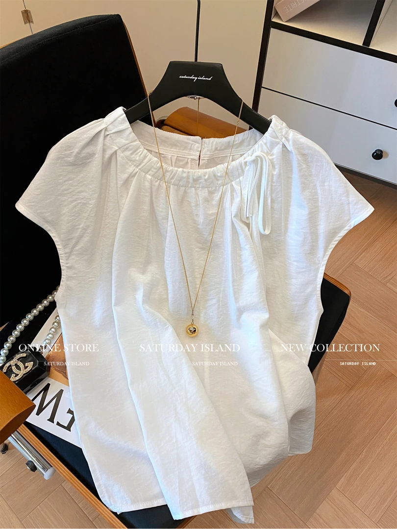 2025年夏季新款白色设计感褶皱圆领系带衬衫女小飞袖甜美百搭上衣