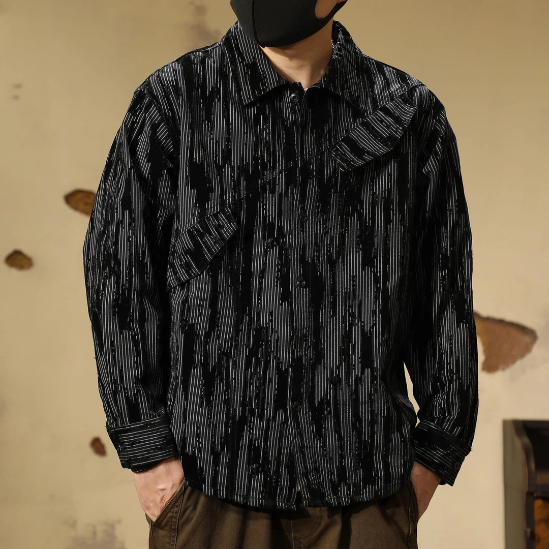 美式复古纯棉工装衬衫男士秋季新款潮牌宽松休闲条纹扎染衬衣外套