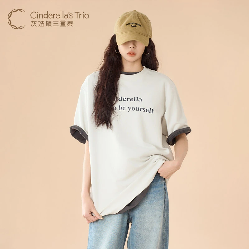 灰姑娘三重奏C·春季新款休闲简约百搭深灰 浅灰短袖T恤H251118843