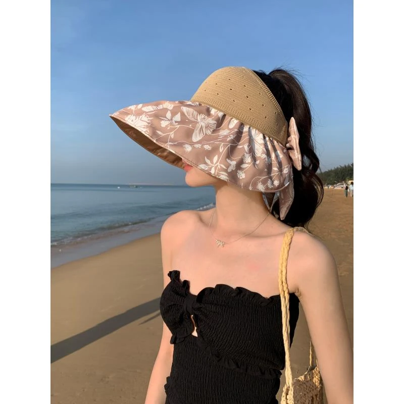 黑胶大沿渔夫帽女夏季防紫外线太阳帽甜美时尚花朵大蝴蝶结遮阳帽