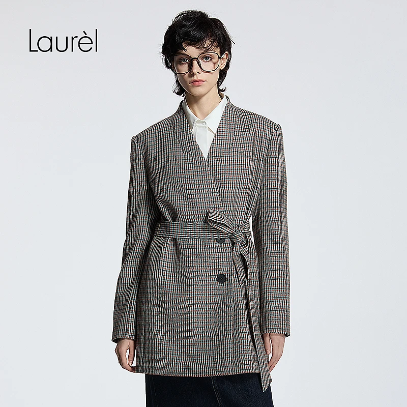 Laurel劳芮25夏新款复古格纹系带西装女LWD366T00800