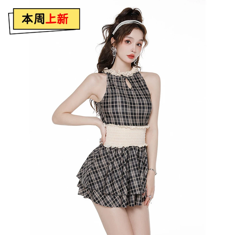 新款爆款游泳衣女连体裙式格子遮肚显瘦保守平角性感小｜869人收藏