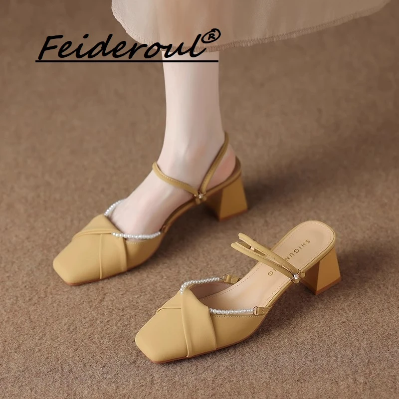 Feideroul羊皮绝美高跟包头凉单鞋2025外穿粗跟法式气质半拖鞋