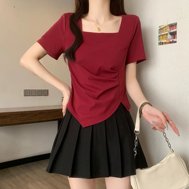 夏装新款胖妹妹大码女时尚复古设计感不规则修身显瘦别致短袖T恤
