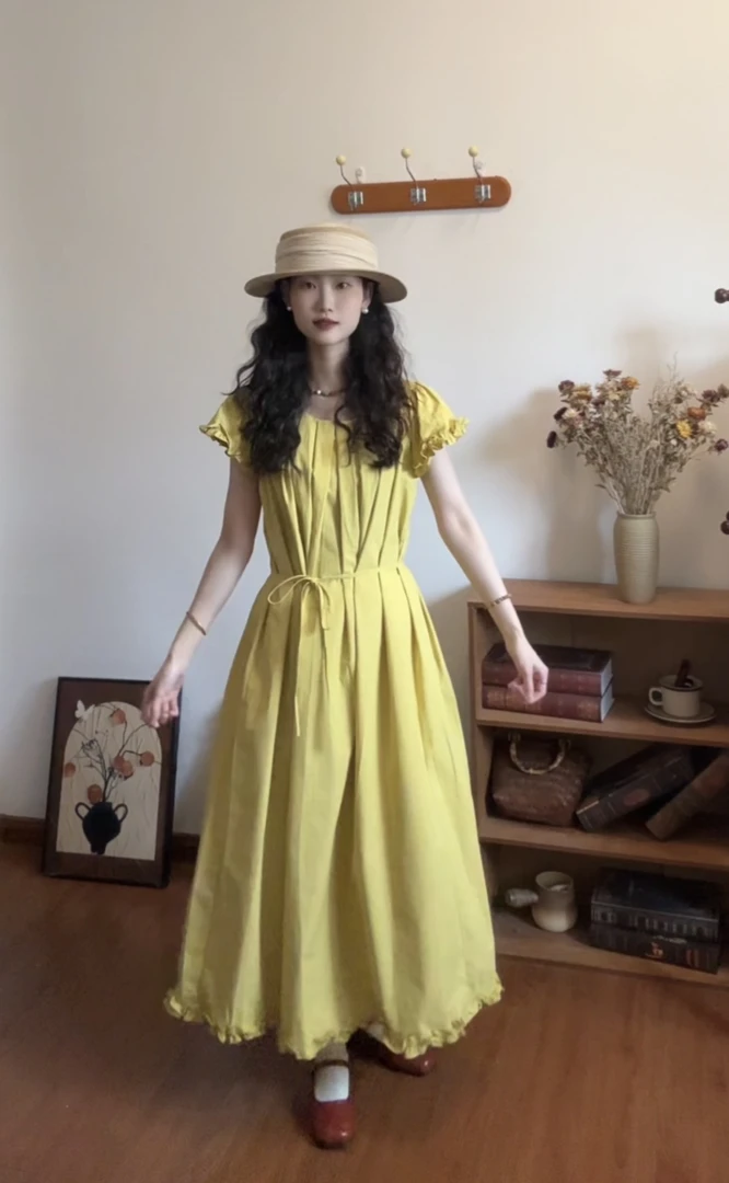 巨好看！韩系法式花边压褶显瘦宽松连衣裙（裙长118胸围130）