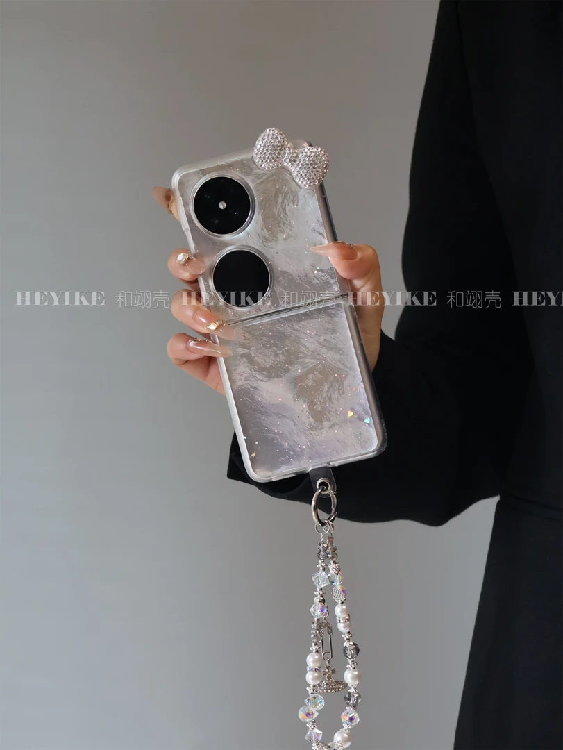 韩系银色立体蝴蝶结适用华为pocket2手机壳折叠magicvflip镭射