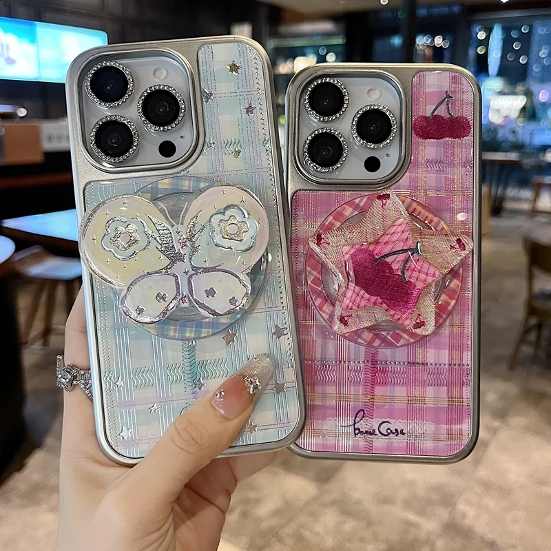 适用苹果系列iPhone16新款手机壳时尚个性绿格黄粉星半包大孔磁吸