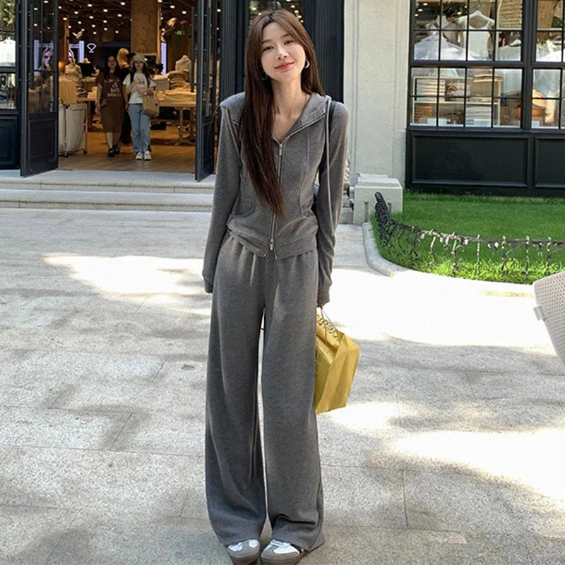 直筒休闲长裤春秋2025纯色连帽甜酷风开衫长袖卫衣两件套女减龄