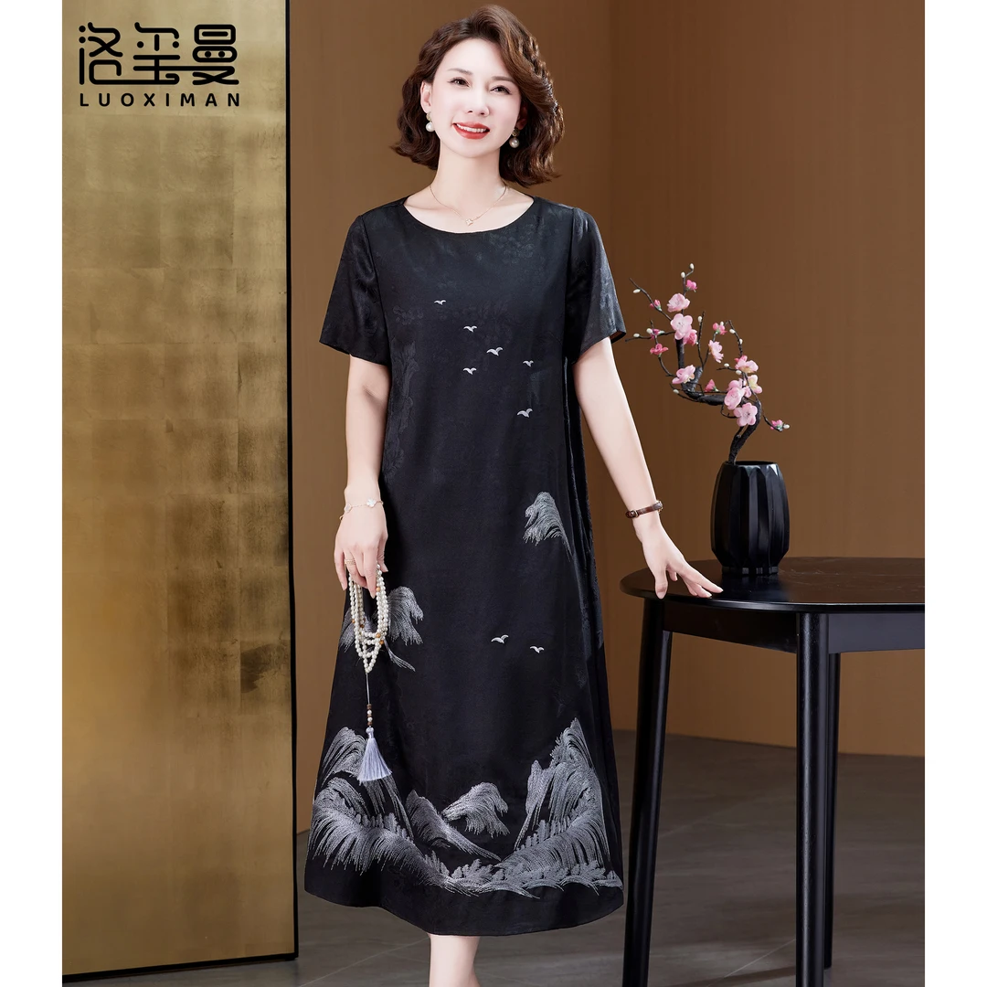 洛玺曼妈妈装连衣裙高端宽松短袖女装轻奢女士显气质显瘦春夏裙子