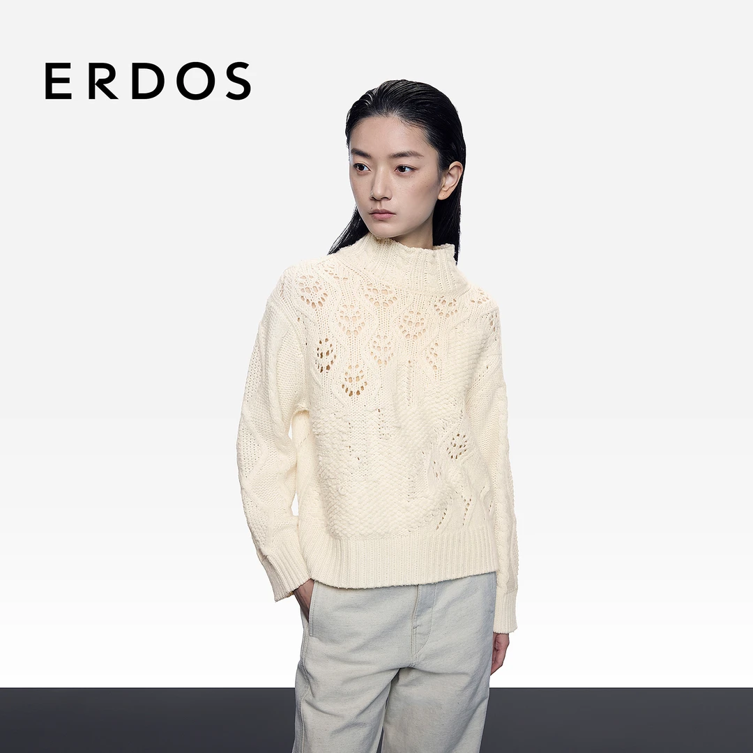 ERDOS 半高领翻花镂空针织衫繁花印迹25年秋冬新品