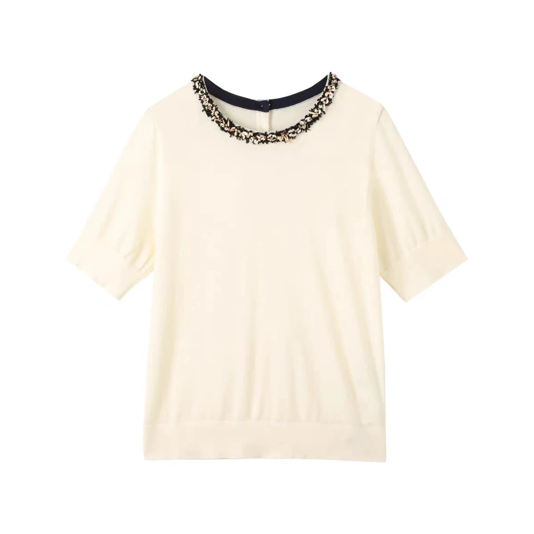 春夏灰色百搭后幅开胸纯色短袖套头圆领洋气千金清冷感贵系衣服