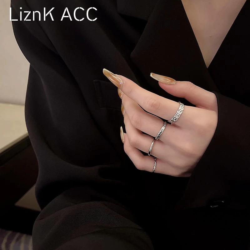 合金戒指 素圈开口四件套戒指女小众设计感高级轻奢食指不掉色
