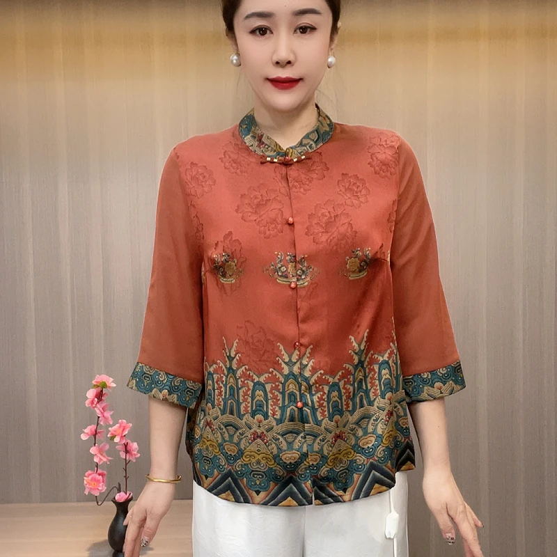 8526新款夏季民族风中式开衫妈妈装时尚大码老年人中老年加肥女装