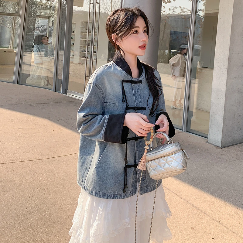 气质新中式国风盘扣牛仔外套套装女2025春秋新款吊带连衣裙两件套