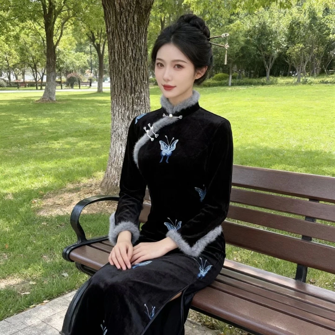 (8004)日常旗袍提花修身新中式加厚秋冬碎花包袖长款