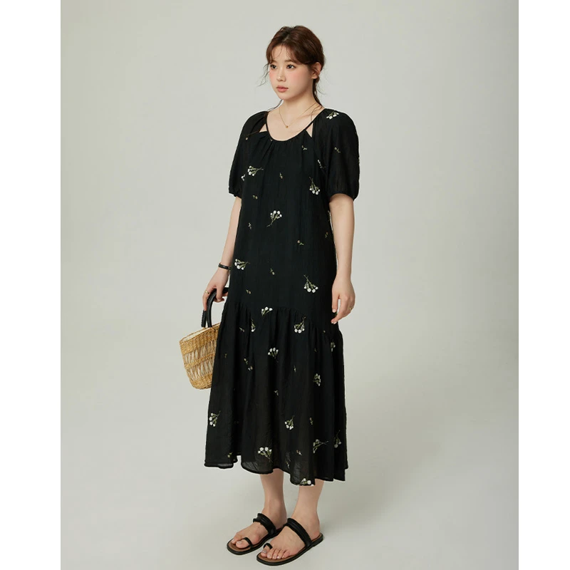 大码法式气质长款连衣裙女2025夏季新款设计感胖mm宽松显瘦长裙子