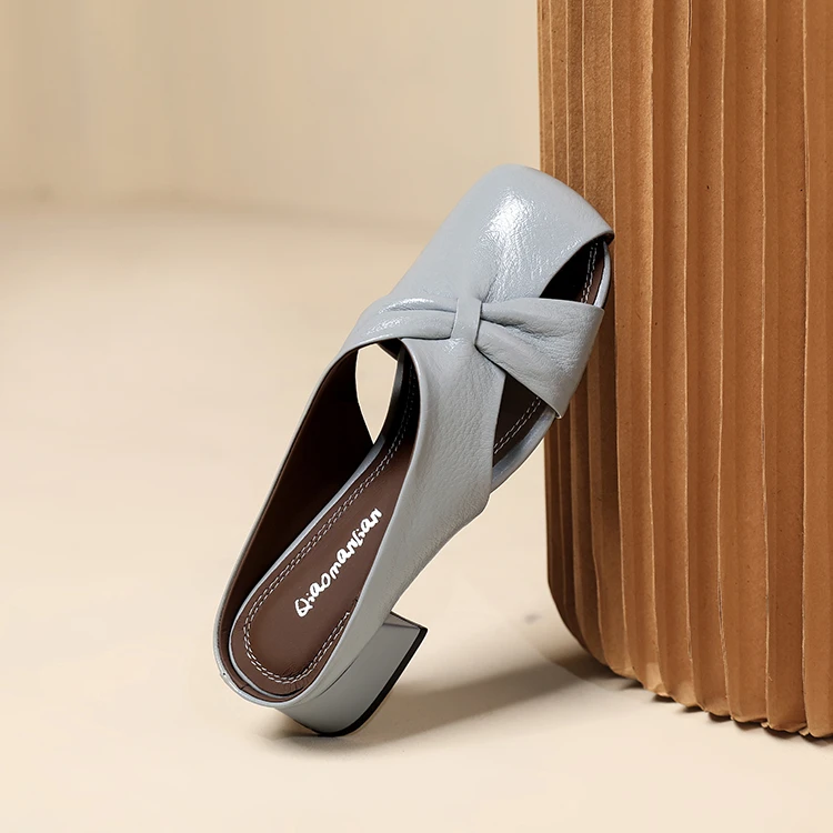 5厘米/小羊皮夏季新款交叉带拼接真皮镂空方圆头粗跟拖鞋包头拖