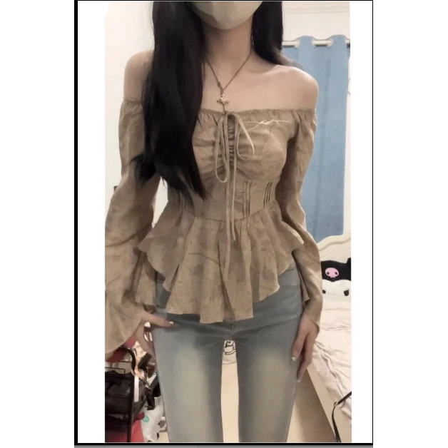 【梦梦】2025春季新款胖妹妹法式复古一字肩女设计感小众显瘦衬衫