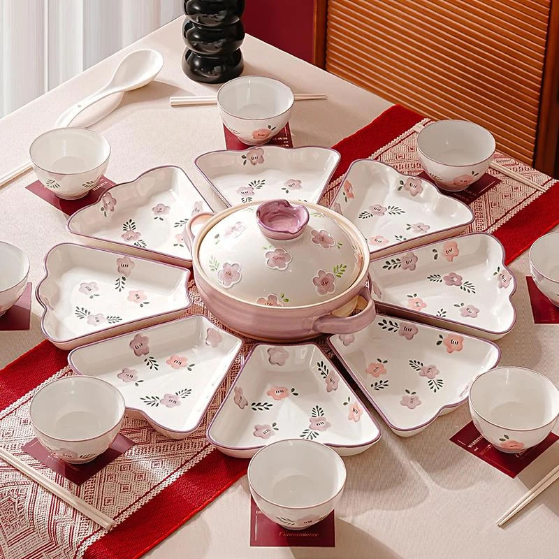 范哲萨中式过年夜饭圆桌扇形盘子菜盘家用陶瓷团圆拼盘餐具组合碗